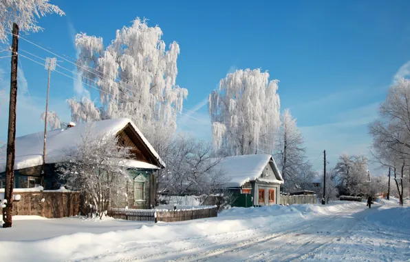 Картинка снег, деревья, природа, город, фото, дома, деревня, Россия