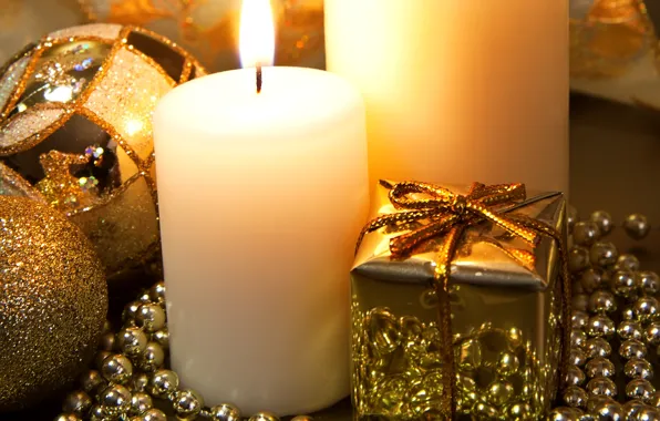 Картинка украшения, золото, праздник, подарок, свеча, Новый Год, Рождество, бусы, свечка, коробочка