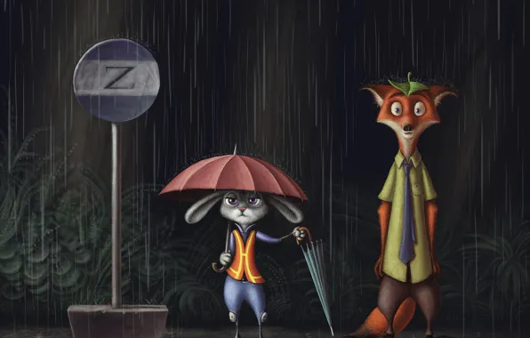 Картинка дождь, знак, зонт, остановка, Nick Wilde, zootopia, Judy Hopps