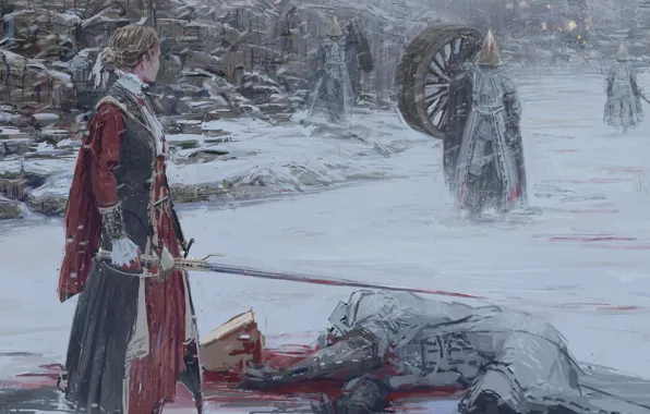 Картинка зима, девушка, снег, кровь, меч, колесо, арт, монстры, маски, shion, mirudakemann