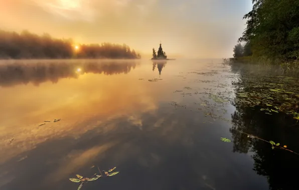 Картинка осень, храм, Россия, Вуокса, озёрно-речная система