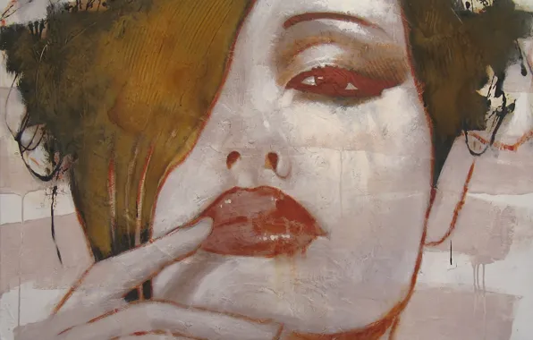 Картинка девушка, лицо, стена, граффити, рисунок, губы, hans jochem bakker