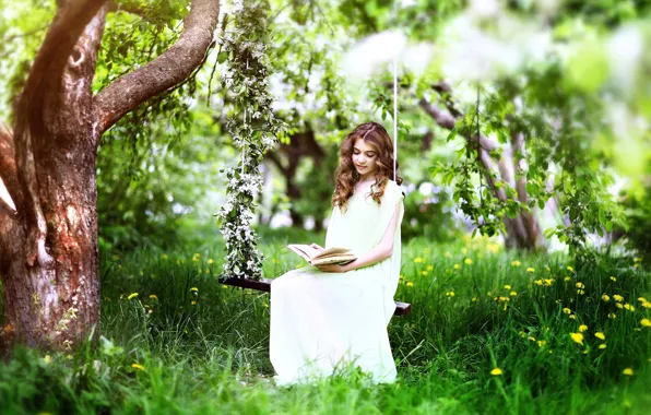 Картинка трава, девушка, цветы, природа, дерево, весна