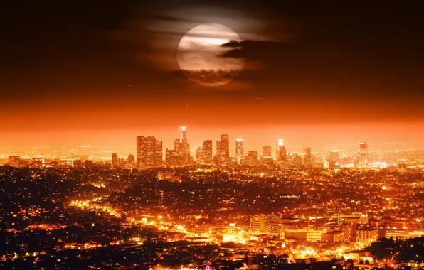 Картинка небо, облака, ночь, city, город, lights, огни, горизонт, США, Лос-Анджелес, skyline, sky, night, Los Angeles, …