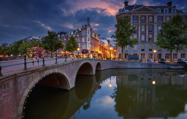Картинка деревья, мост, отражение, здания, Амстердам, канал, Нидерланды, набережная, Amsterdam, Netherlands