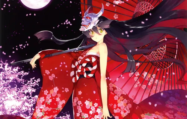 Картинка девушка, цветы, ночь, луна, зонт, аниме, лепестки, сакура, маска, арт, кимоно, дьяволица, ueda ryou, демон …