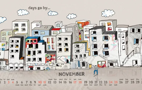 Картинка город, рисунок, человек, дома, 2012, календарь, числа, ноябрь, november