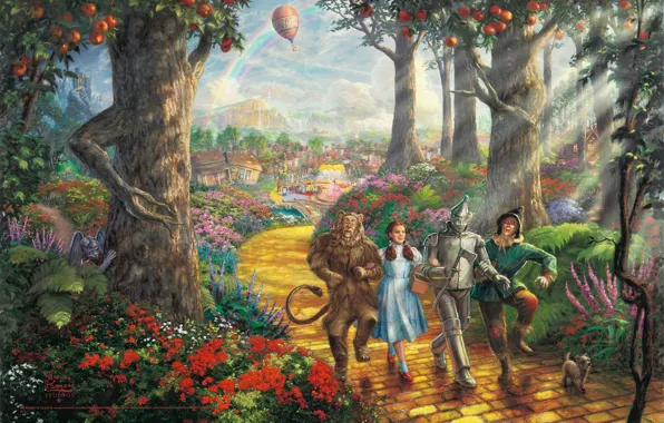 Картинка дорога, лес, деревья, воздушный шар, фильм, мультфильм, радуга, плоды, fantasy, живопись, собачка, персонажи, Томас Кинкейд, …