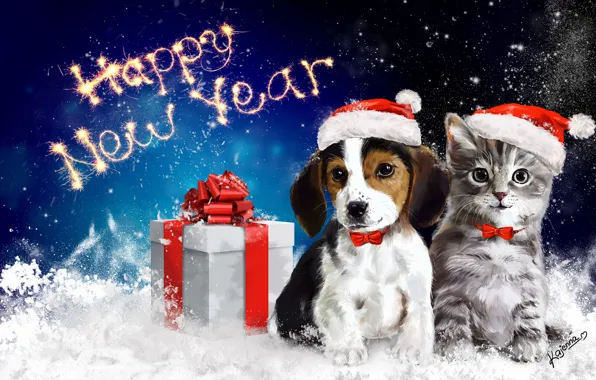 Картинка животные, снег, подарок, новый год, котик, арт, бант, собачка, happy new year, упаковка