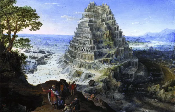 Картинка башня, корабли, вавилон, Tower of Babel, Лукас, Фалькенборх, Lucas van Valckenborch, Вавилонская башня
