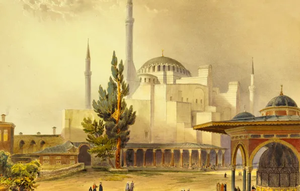Картинка город, картина, мечеть, Стамбул, Турция, минарет, Собор Святой Софии, Айия-Софья