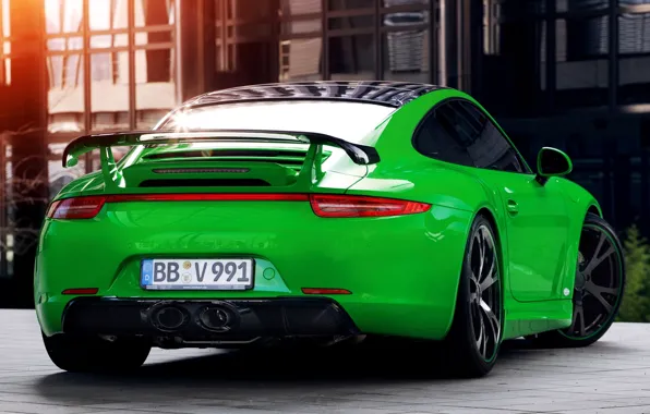 Картинка 911, Porsche, зелёный, Порше, вид сзади, Carrera, Карерра, TechArt