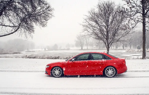 Картинка зима, снег, Audi, ауди, профиль, red, красная