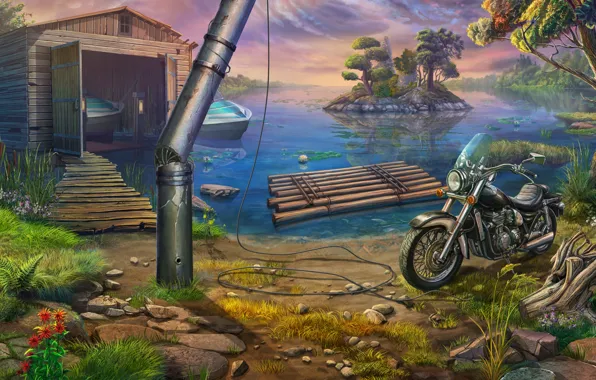 Картинка природа, Озеро, мотоцикл, катера