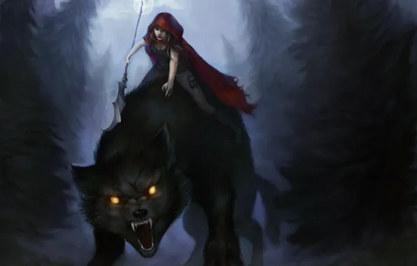 Картинка лес, взгляд, девушка, деревья, ночь, волк, красная шапочка, арт, Red Riding Hood, скалится