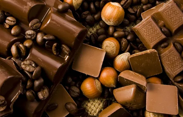 Картинка шоколад, кофейные зерна, сладкое, chocolate, sweet, лесной орех