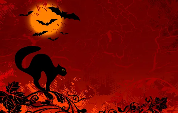 Картинка кот, черный, рисунок, ветка, мыши, красный фон, хеллоуин