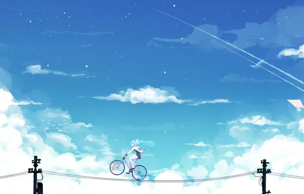 Картинка небо, девушка, облака, велосипед, провода, аниме, арт, vocaloid, hatsune miku, bai yemeng
