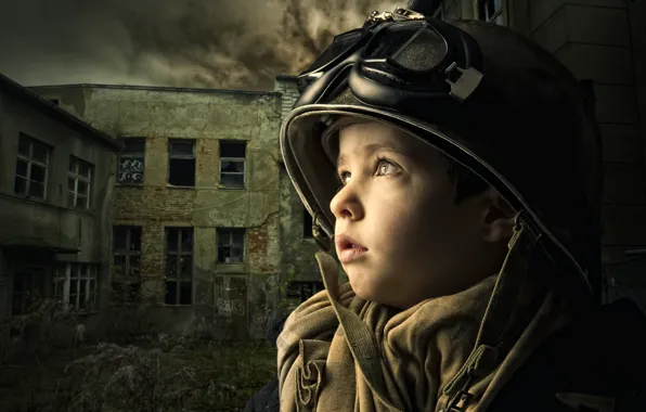 Картинка здание, мальчик, очки, шлем, разруха, ребёнок