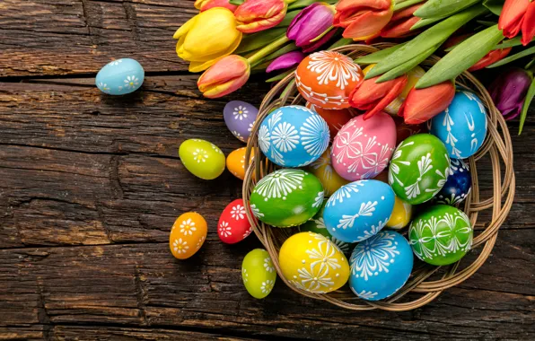 Картинка яйца, colorful, Пасха, тюльпаны, happy, wood, flowers, tulips, spring, Easter, eggs, holiday