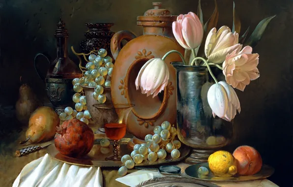 Картинка письмо, цветы, ягоды, стол, перо, лимон, бокал, картина, виноград, нож, тюльпаны, посуда, ваза, фрукты, натюрморт, …