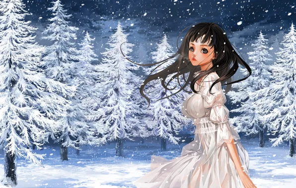 Картинка зима, девушка, снег, природа, елки, аниме, арт, пар, justminor