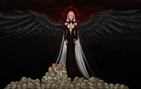 Картинка взгляд, лицо, фон, волосы, ангел, платье, арт, черепа, черные крылья