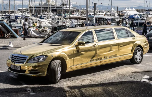 Картинка фон, Mercedes-Benz, яхты, Мерседес, золотой, передок, лимузин, спец.версия, Pullman, S-Klasse, Festival de Cannes