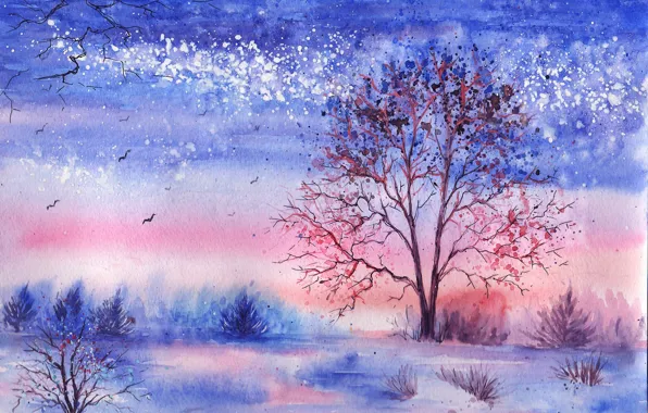Картинка зима, трава, деревья, птицы, озеро, акварель, кусты, нарисованный пейзаж