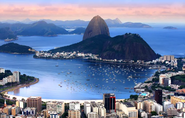 Картинка горы, побережье, дома, лодки, панорама, залив, катера, Бразилия, Rio de Janeiro