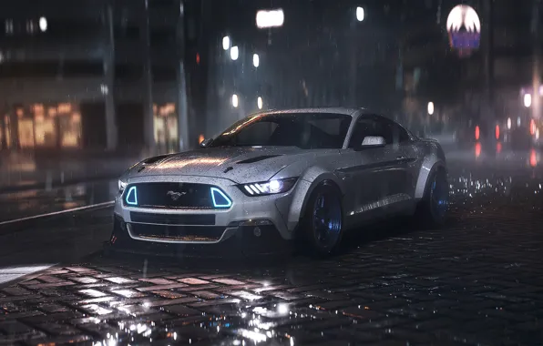Картинка Mustang, Ford, Dark, Car, Front, Night, RTR, Rain, 2016, Musle