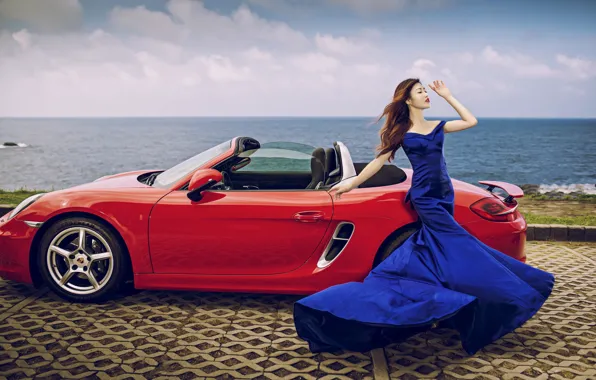 Картинка море, машина, авто, девушка, поза, стиль, Porsche, фигура, платье, кабриолет, азиатка, набережная