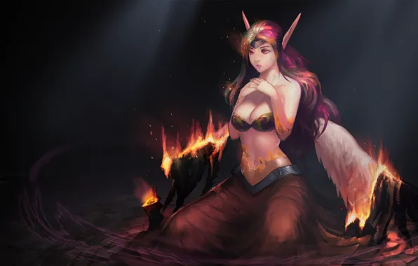 Картинка девушка, огонь, крылья, демон, арт, League of Legends, Morgana