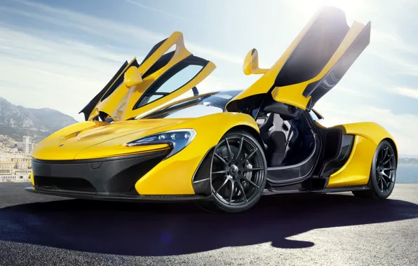 Картинка авто, McLaren, суперкар, открытые двери, двери «крылья бабочки», McLaren P1