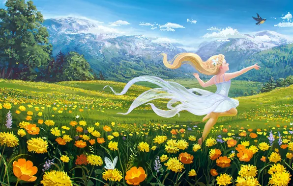 Картинка поле, небо, девушка, облака, деревья, цветы, горы, настроение, скалы, птичка