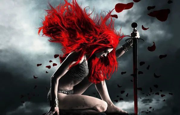Картинка девушка, красный, меч, кольчуга, покорность, рыжая соня