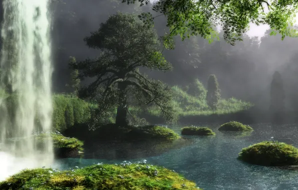 Картинка пейзаж, природа, река, дерево, водопад, арт, klontak