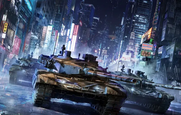 Картинка ночь, город, улица, арт, танк, armored warfare, chinese tank