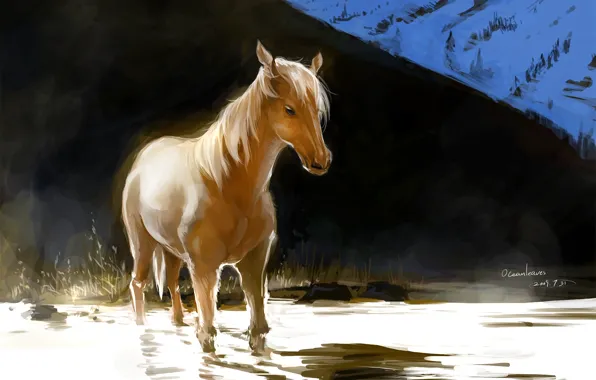 Картинка вода, свет, конь, лошадь, холм, арт, рыжий, ocean, pixiv