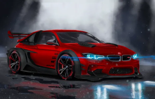 Картинка BMW, Red, Car, Front, Neon, Sport, Customs