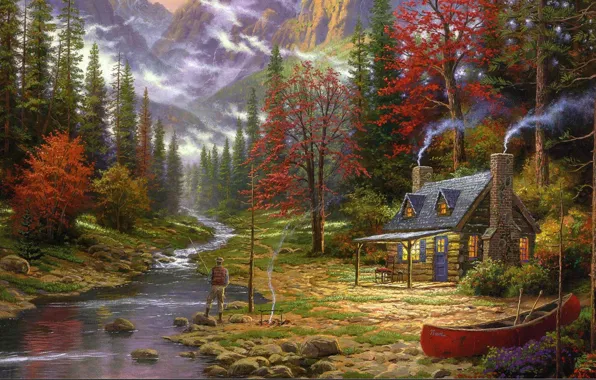 Картинка лес, горы, дом, река, лодка, рисунок, картина, рыбак, ели, арт, рисунки, картины, хижина, живопись, костёр, …