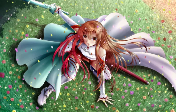 Картинка трава, девушка, цветы, меч, арт, ilolamai, Sword Art Online, Asuna