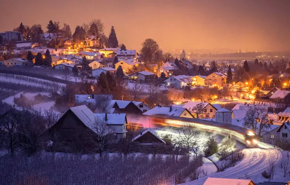 Картинка зима, ночь, огни, дома, Германия, склон, Бавария, Германсберг