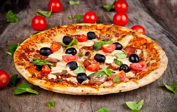 Картинка грибы, еда, сыр, листочки, пицца, помидоры, блюдо, маслины