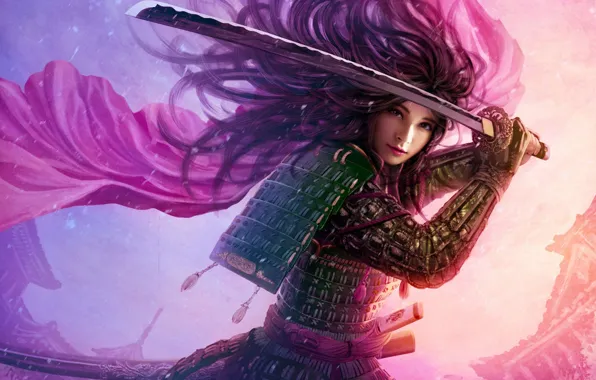 Картинка девушка, ветер, волосы, азия, меч, катана, арт, броня, плащ, mario wibisono, utaku ji-yun, legend of …