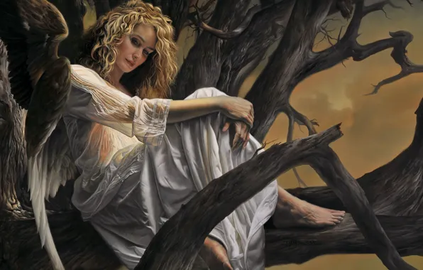 Картинка дерево, женщина, крылья, ангел, арт