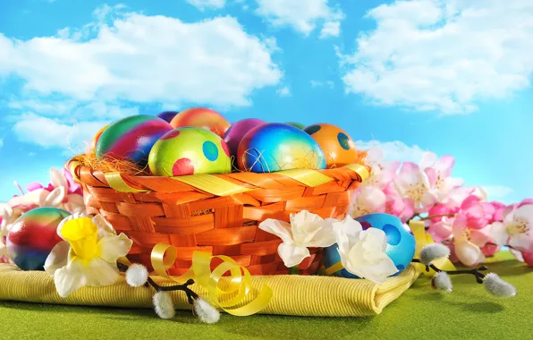 Картинка цветы, яйца, весна, colorful, Пасха, happy, wood, flowers, spring, Easter, eggs, holiday