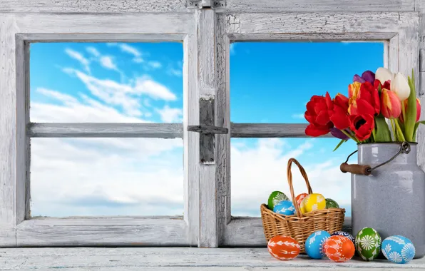 Картинка цветы, яйца, весна, окно, Пасха, тюльпаны, flowers, tulips, spring, Easter, eggs, decoration, Happy
