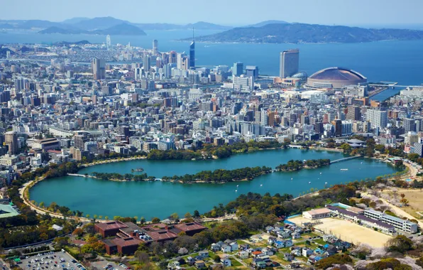 Картинка море, озеро, побережье, дома, Япония, панорама, мегаполис, вид сверху, Fukuoka