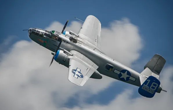 Картинка полет, бомбардировщик, американский, North American, двухмоторный, средний, Mitchell, B-25